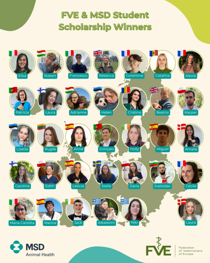 Winners of the MSD Animal Health & FVE Veterinary Student Scholarship 2026 – 34 veterinary students from 17 European countries